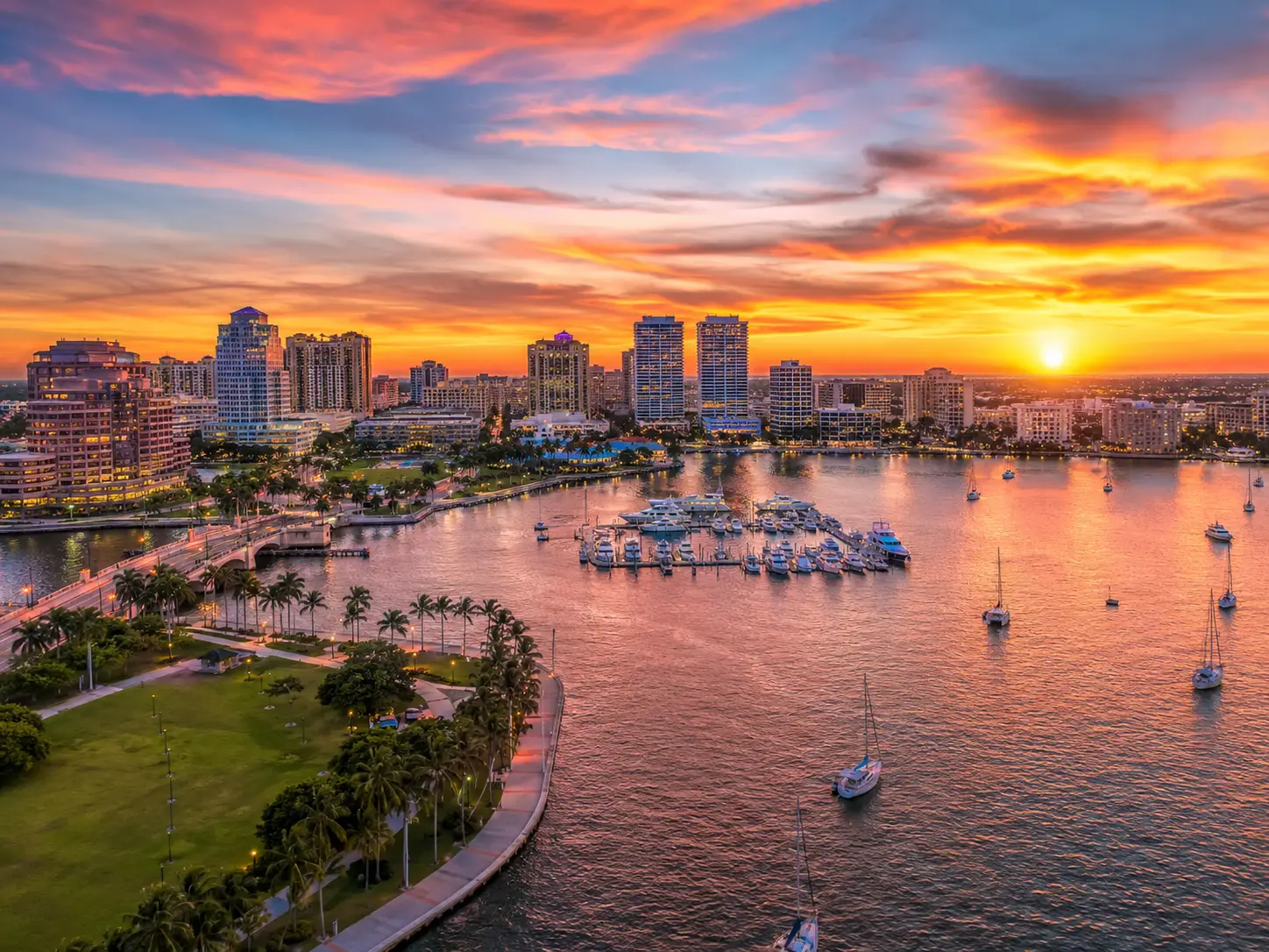 West Palm Beach waterfront at sunset — telehealth GLP-1 weight loss serving all of Palm Beach County